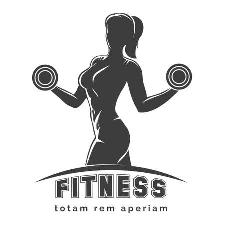 Fitness club logo or emblem with woman silhouette. Woman holds dumbbells. Isolated on white background. Free font SF Collegiate and Raleway used. Иллюстрация