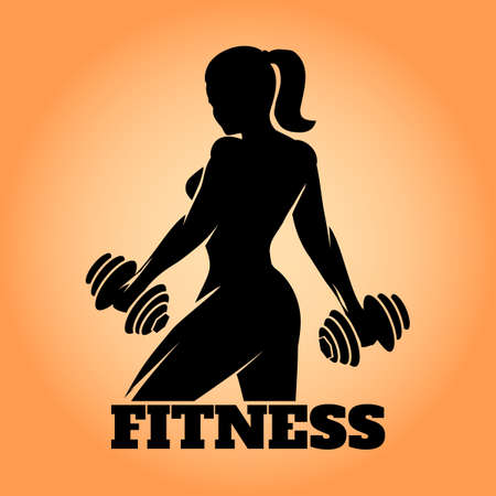 Fitness club and gym banner or poster design. Silhouette of athletic woman with dumbbells. Free font used. Иллюстрация