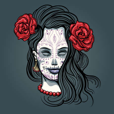 Junge Hubsche Mexikanische Zuckerschadel Madchen Mit Blumen Im Haar Und Beangstigend Make Up Fur Tag Der Toten Dia De Los Muertos Oder Halloween Lizenzfrei Nutzbare Vektorgrafiken Clip Arts Illustrationen Image 24586896