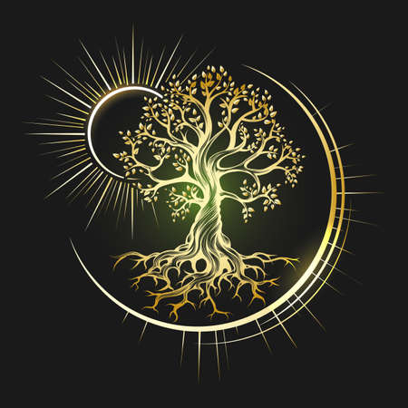 Emblem of esoteric symbol golden tree of life isolated on black background. vector illustration.