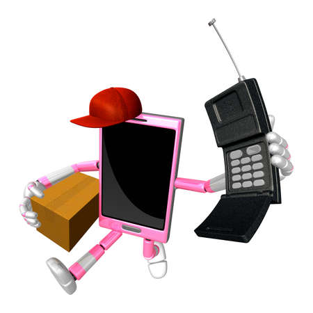 3d smart phone mascot couples holding a courier box and telephone 3d mobile phone character design series