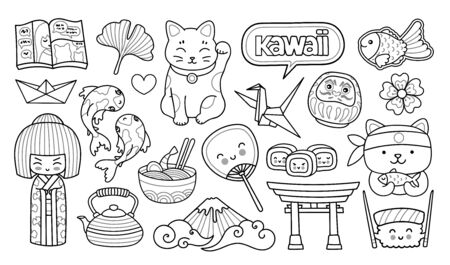 Geisha, maneki-neko, sushi, sakura, origami. japanese symbols. cartoon outline illustrations for coloring book Stock Photo