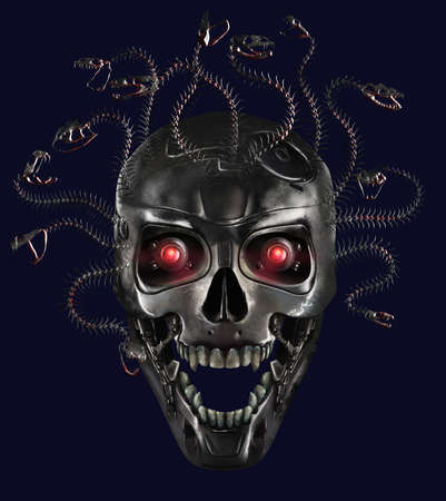 metal skull of medusa with metal venomous snakes instead of hair