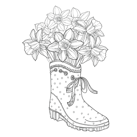 ベクター アウトライン水仙や水仙花と白い背景の上の葉のシームレスなパターン 春等高線スタイルでデザインまたは大人塗り絵用水仙の花の背景 のイラスト素材 ベクタ Image