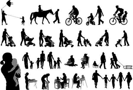 Parents spending family time with their children silhouettes - vector