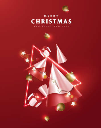 Merry christmas poster banner with falling gift box and festive decoration on red background