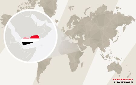 vector zoom on yemen map and flag world map