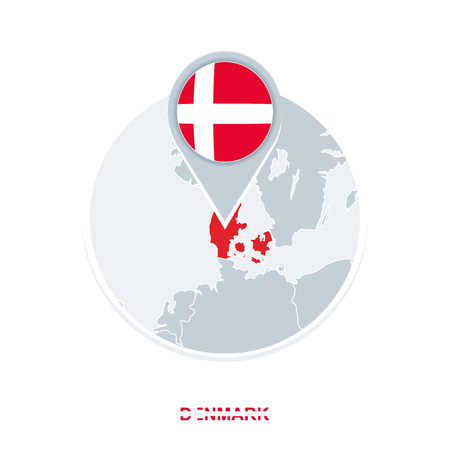 Denmark map and flag, vector map icon with highlighted denmark