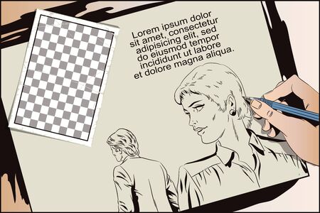 ストック イラスト レトロなスタイルの人々 プレゼンテーション テンプレート 少女は男を振り返る のイラスト素材 ベクタ Image