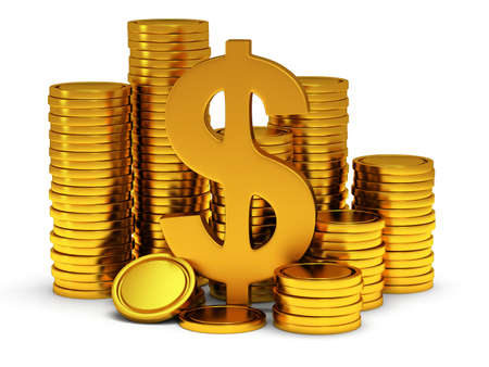 Gold coin: dấu đô la và tiền xu vàng trên trắng. 3d làm cho cô lập trên nền trắng. Tiền bạc, giàu, khái niệm kinh doanh