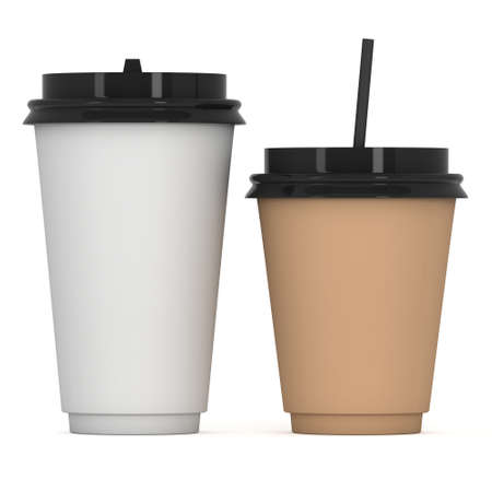 紙のストローで使い捨てのコーヒー カップ プラスチック製のキャップと白紙のマグカップ 白い背景に分離された 3 D のレンダリング の写真素材 画像素材 Image