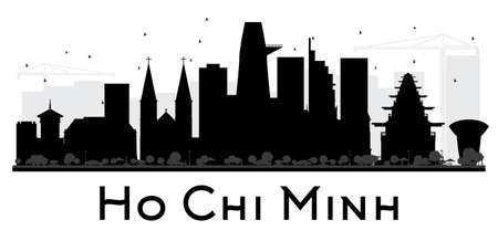 The landscape of Saigon: Thành phố Hồ Chí Minh chân trời màu đen và bóng trắng. Vector hình minh họa. Đơn giản khái niệm căn hộ cho thuyết trình du lịch, banner, báo hiệu nguy hiểm hoặc trang web. khái niệm kinh doanh du lịch. Isolated Hồ Chí Minh