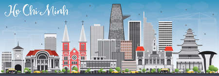 The landscape of Saigon: Minh Skyline Hồ Chí với Tòa nhà màu xám và Blue Sky. Vector Illustration. Kinh doanh Du lịch và Lữ Concept với tòa nhà hiện đại. Hình ảnh cho Presentation Banner báo hiệu nguy hiểm và trang web. Hình minh hoạ