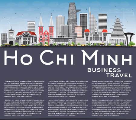 The landscape of Saigon: Minh Skyline Hồ Chí với Tòa nhà màu xám và Space Copy. Vector Illustration. Kinh doanh Du lịch và Lữ Concept với tòa nhà hiện đại. Hình ảnh cho Presentation Banner báo hiệu nguy hiểm và trang web.