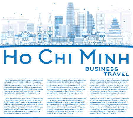The landscape of Saigon: Outline Chí Minh Skyline Hồ với tòa nhà xanh và Không gian Sao chép. Vector Illustration. Kinh doanh Du lịch và Lữ Concept với tòa nhà hiện đại. Hình ảnh cho Presentation Banner báo hiệu nguy hiểm và trang web.
