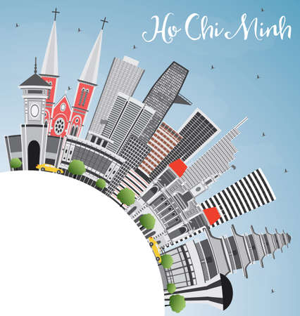 The landscape of Saigon: Minh Skyline Hồ Chí với Tòa nhà màu xám và Space Copy. Vector Illustration. Kinh doanh Du lịch và Lữ Concept với tòa nhà hiện đại. Hình ảnh cho Presentation Banner báo hiệu nguy hiểm và trang web.
