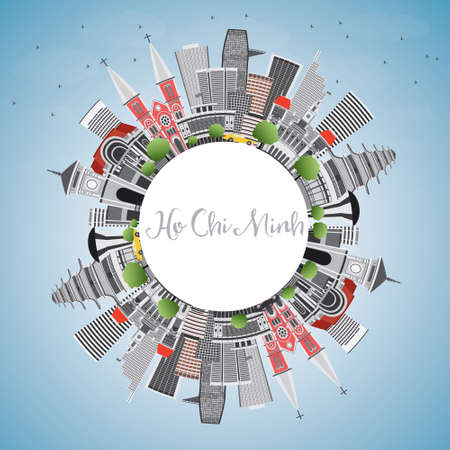 The landscape of Saigon: Minh Skyline Hồ Chí với Tòa nhà màu xám và Space Copy. Vector Illustration. Kinh doanh Du lịch và Lữ Concept với tòa nhà hiện đại. Hình ảnh cho Presentation Banner báo hiệu nguy hiểm và trang web.