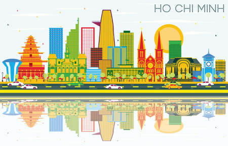 The landscape of Saigon: Đường chân trời Thành phố Hồ Chí Minh với Tòa nhà màu, Blue Sky và Phản ánh. Vector minh họa. Khái niệm về Du lịch và Du lịch Kinh doanh. Hình ảnh cho Banner quảng cáo trình bày và trang web.