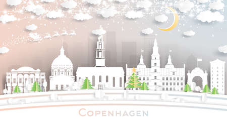Copenhagen denmark city skyline in paper cut style with snowflakes, moon and neon garland. vector illustration. christmas and new year concept. santa claus on sleigh.