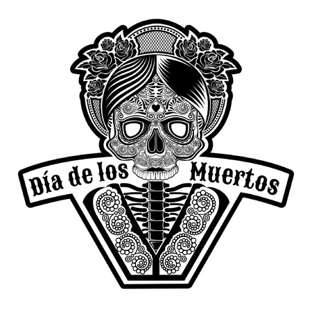 Female skull with rose wreath on head and pattern on face. symbol of dia de muertos holiday. monochrome illustration isolated on white Stock Photo