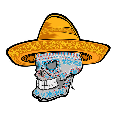 Male skull side view with mexican hat and pattern on face symbol of dia de muertos holiday. color illustration isolated on white Stock Photo