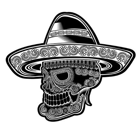 Skull front view with mexican hat and pattern on face symbol of dia de muertos holiday. monochrome illustration isolated on white