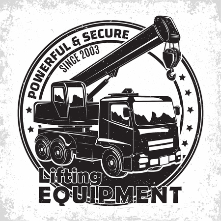 Lifting work logo design, emblem of crane machine rental organisation print stamps, constructing equipment, heavy crane machine typographyv emblem, vector illustration