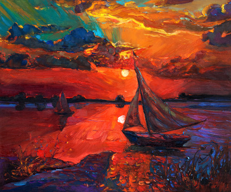 キャンバス上の崖と海の元の油絵。海の上の豊かな黄金の夕日