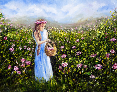Original oil painting showing young woman or girl picking flowers in flower field on canvas.Modern Impressionism,modernism,marinism