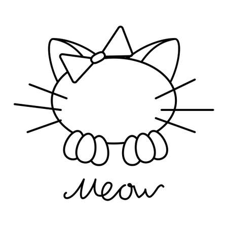 Black line cat with bow and letters meow isolated on white background vector simple illustration design element Vector Illustration