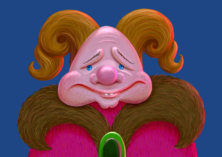Funny illustration of a clown-like looking sad bald man dressed in a furry coat