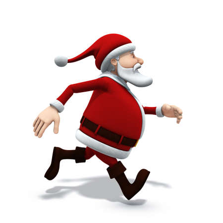 3d rendering/illustration of a cartoon santa running from left to right