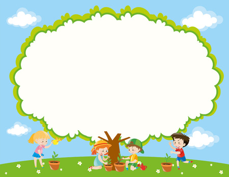 Frame template with kids planting tree in garden illustration