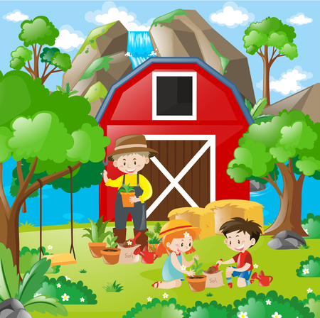 Kids planting tree in the garden illustration