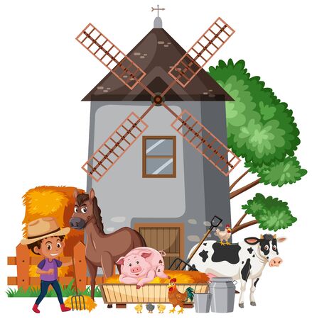 Scene with farmboy and many animals illustration