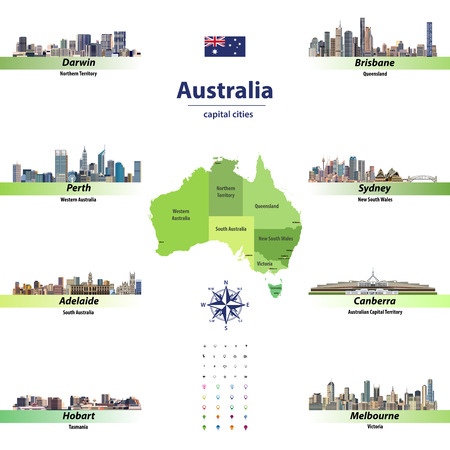 vector illustration of australia state map with skylines of capital cities