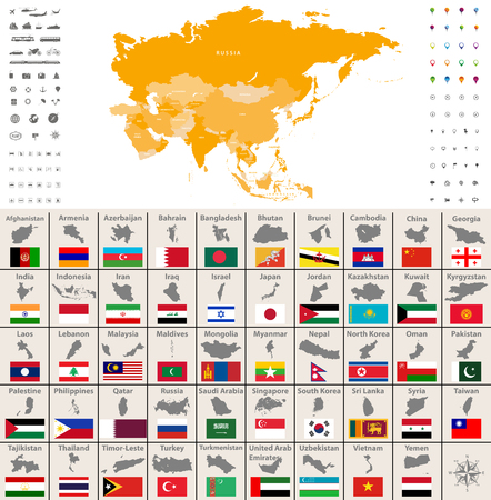 asia map jointed with country flags all asian countries flags