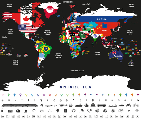 国や海の名前を持つ国旗を持つ世界地図ジョイントのベクトル図 のイラスト素材 ベクタ Image