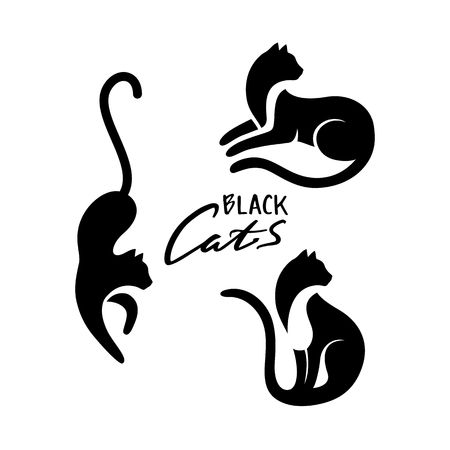 Set of black cats sitting and looking away, lying and walking. vector logo with negative space. Logo