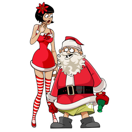 Drunk Santa Claus with a girl in a red dress