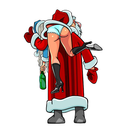 caricature cartoon Santa Claus shouldered drunken Snow Maiden Vector Illustration