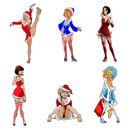 Snow Maidens beautiful and women in Santa Claus clothes, a set