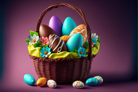 Panier avec lapin et oeufs en chocolat de pâques, dorés, peints et texturés sur fond blanc sans fin. Banque d'images