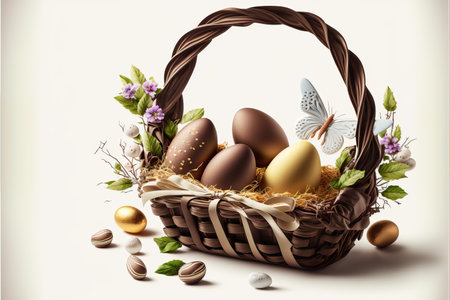Panier avec lapin et oeufs en chocolat de pâques, dorés, peints et texturés sur fond blanc sans fin.