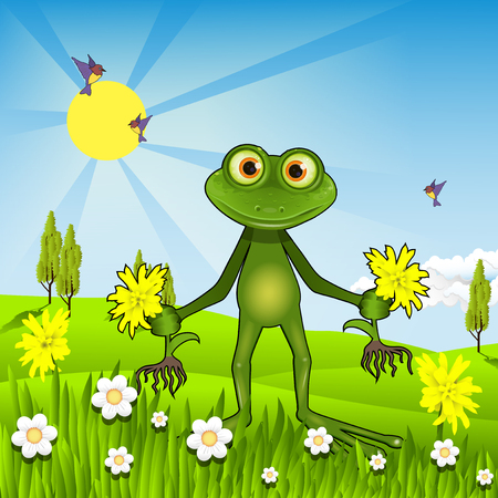 Sun flower: Illustration eines grünen Frosches Jäten Löwenzahn