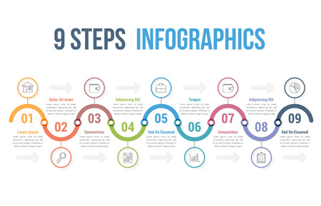 infographic template with 9 steps or options workflow process