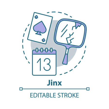 Jinx concept icon. magic and superstition idea thin line illustration. bad luck, misfortune omen. broken mirror, friday 13th and spades card vector isolated outline drawing. editable stroke