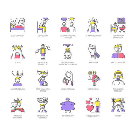 精神障害の色のアイコンセット うつ病と不安 自傷行為 自殺感 産後ストレス 恐怖症 Ptsd Pms 精神医学的問題 心理的な問題 分離されたベクターの図 のイラスト素材 ベクタ Image 精神障害の色のアイコンセット うつ病と不安 自傷行為 自殺感 産後ストレス 恐怖症 Ptsd Pms 精神医学的問題 心理的な問題 分離されたベクターの図 のイラスト素材 ベクタ Image