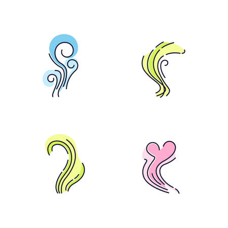 Good and bad smell rgb color icons set. stinky odor. heart shape fluid, perfume scent. stench, smog. aromatic fragrance curves. smoke stream, fume swirls. isolated vector illustrations