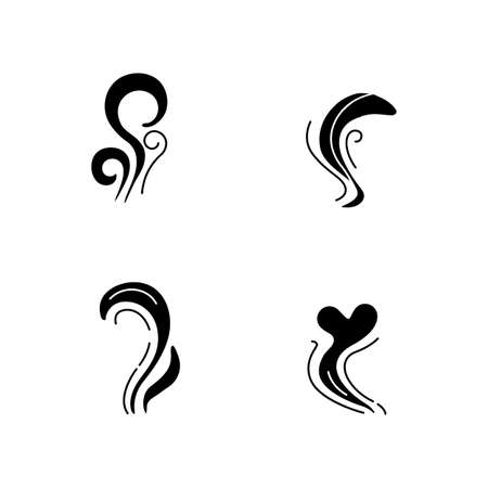 Good and bad smell black glyph icons set on white space. stinky odor. heart shape fluid, perfume scent. stench, smog. smoke stream, fume swirls. silhouette symbols. vector isolated illustration Stock Photo